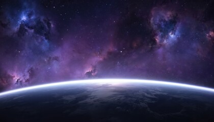 Obraz premium Earth stands out as vibrant blue sphere in dark space. Blue planet set against deep purple sky filled with stars. Celestial bodies create mesmerizing effect against stunning celestial canvas.