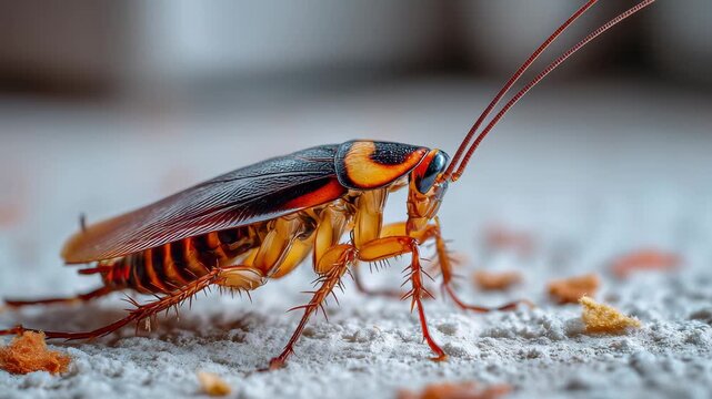 A cockroach moves along dirty surfaces, interacting with food particles while demonstrating its natural behavior in an indoor setting