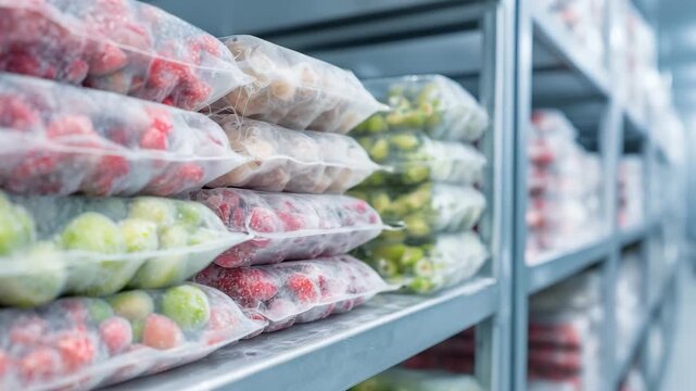 Frozen bags of vegetables and fruits are neatly organized on shelves in a commercial cold storage space for preservation and distribution
