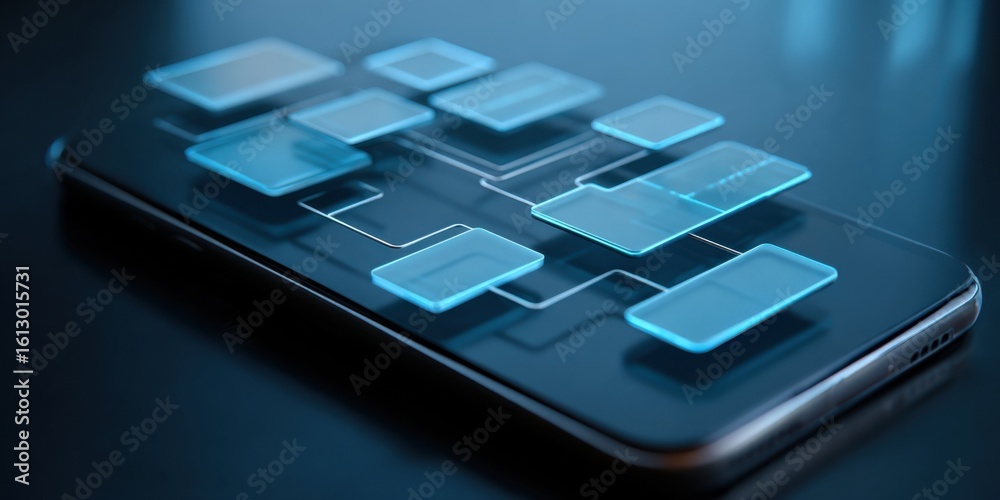 Poster digital interface design displayed on a smartphone screen showcasing flowchart elements and interact