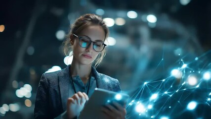 Young professional woman using tablet in modern city at night with digital network overlay and bokeh lights - Powered by Adobe