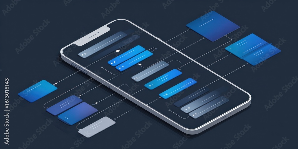 Poster modern smartphone user interface design with interactive elements and blue color scheme displayed on