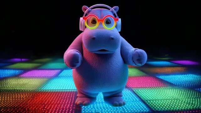 Hippo in glowing headphones and round colorful sunglasses swaying on a multicolored LED dance floor,