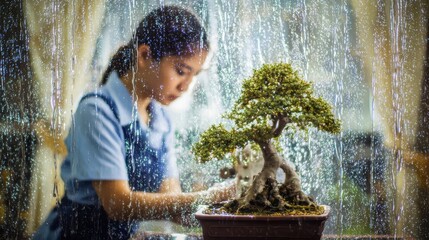 Woman tending a bonsai tree on a rainy day.
