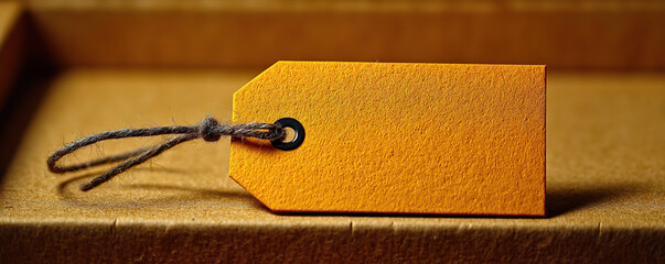 Blank orange tag on a brown surface shows simplicity and potential for personalization in crafting or retail settings