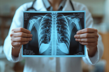 Doctor holding chest X-ray in medical office for patient examination  