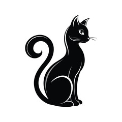Black silhouette of a sitting domestic cat with a curled tail