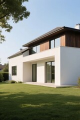 Modern two-story house with white exterior and wooden accents, surrounded by a well-maintained lawn.