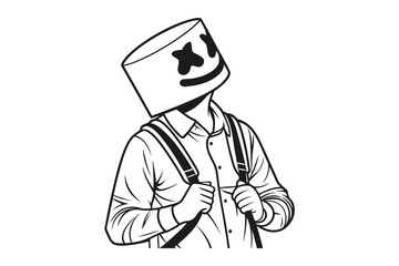 Stylized illustration of a person wearing a bucket hat with x eyes and a backpack isolated on white background silhouette