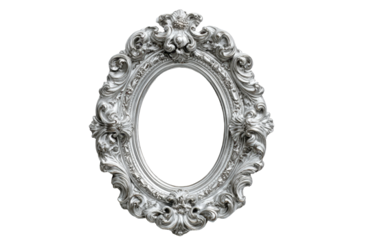 Ornate Silver Oval Frame Antique Design Elegant Decor, isolated on a transparent background