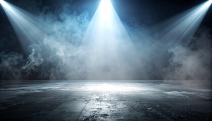 Fototapeta premium Spotlight Stage with Smoky Atmosphere: An empty stage, illuminated by bright spotlights against a backdrop of atmospheric fog, creating a sense of drama and anticipation.