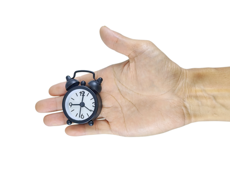 A close-up of a human hand holding a small clock, symbolizing the importance of time. The image conveys a message about time management and how every second counts