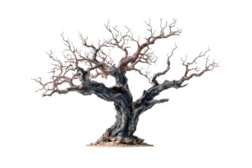 Ancient gnarled tree isolated on black background nature photography dark wood branches, isolated on a transparent background