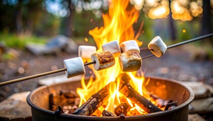 Marshmallows roasting over an open fire in a fire pit