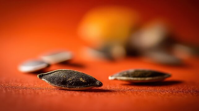 Close-up of a single sunflower seed on an orange surface.