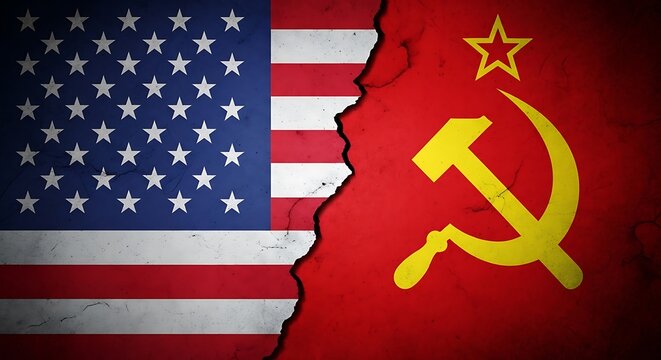 Usa and soviet union flags torn apart, symbolizing conflict