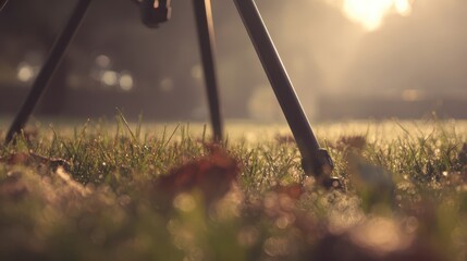 Tripod legs in dewy grass at dawn.