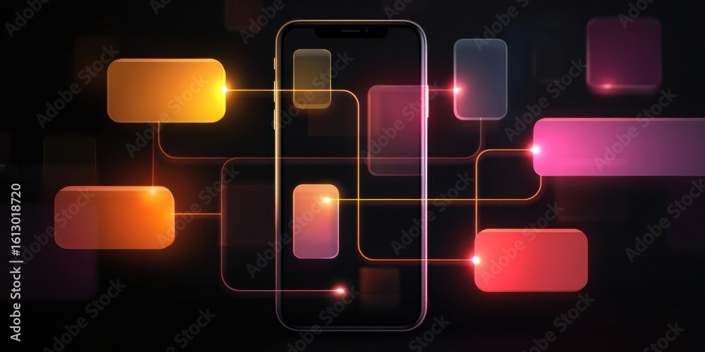 Poster modern smartphone with glowing interface elements displaying a network of colorful notification icon