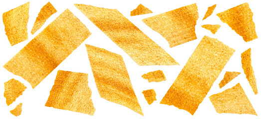Long chips isolated on white background, falling rectangular mashed potato snacks, package element