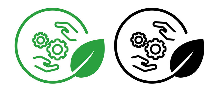 icon hands holding gears within a circular frame paired with green leaf representing sustainable technology eco innovation and collaborative environmental solutions
