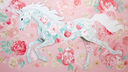 Dreamy paper cut-out style horses paired with delicate floral patterns in soft pink tones and a mint green background make for an elegant nursery wall art piece for baby room decor.