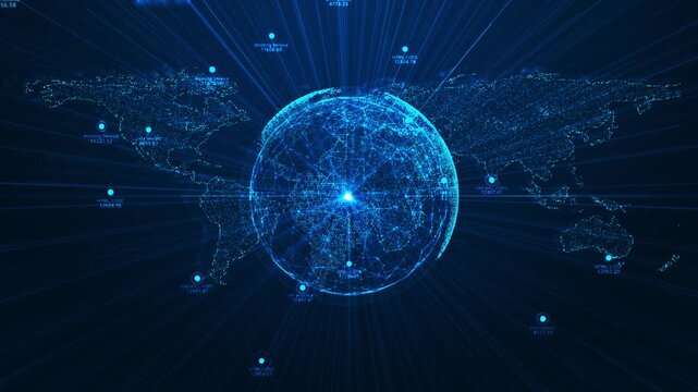 Digital holographic dot world map HUD dot world map. Earth globe hologram. Futuristic planet Earth cyberspace. Global Internet network. High-tech future, development science. blockchain technology.