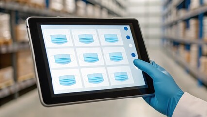 A hand in a blue glove holds a tablet displaying images of face masks in a warehouse setting with shelves in the background.