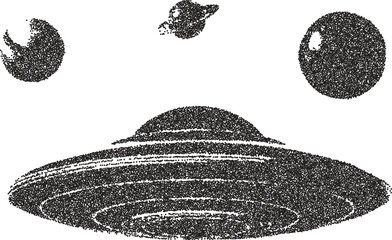 Alien vintage y2k stipple art, ufo halftone stipple brutalist retro vector png with transparent background, cosmic 2000s aesthetic photocopy effect tattoo © HoneyPunch