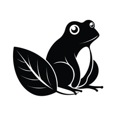Black silhouette of a toad sitting peacefully under a large green leaf on a clean white background