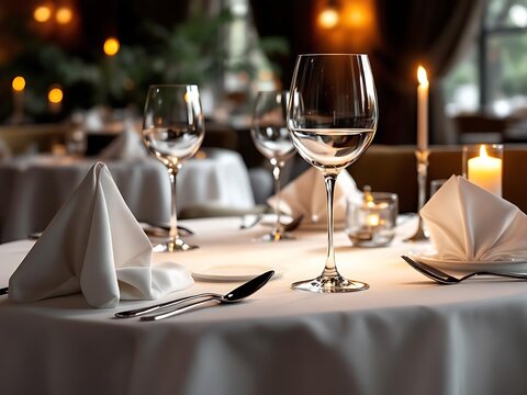 Luxurious fine dining table set with wine glasses, folded napkins, and candlelight ambiance. Great for upscale restaurant branding, menu design, and lifestyle visuals