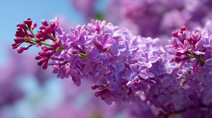 Obraz premium A branch of purple lilac flowers against a blurred blue sky.