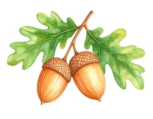Watercolor illustration of two acorns on an oak branch