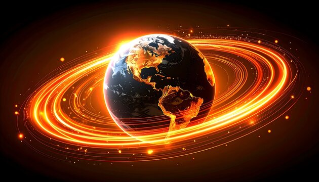 Glowing Earth encircled by fiery orange rings against a dark background