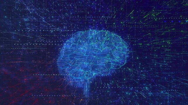 Data processing digital brain background. Global medicine science Brain digital surface cyber background Circuit Brain Animation. Artificial Intelligence Big Data Flow. Programming Information Process - Powered by Adobe