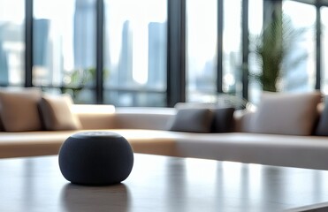 Smart speaker on wooden table in stylish living room. Modern home interior with cityscape. Minimalist design. Home tech, voice assistant device with smart home 