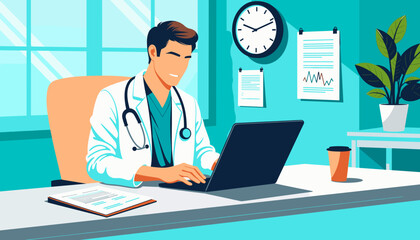 Doctor working on laptop in office for International Doctor's Day  
