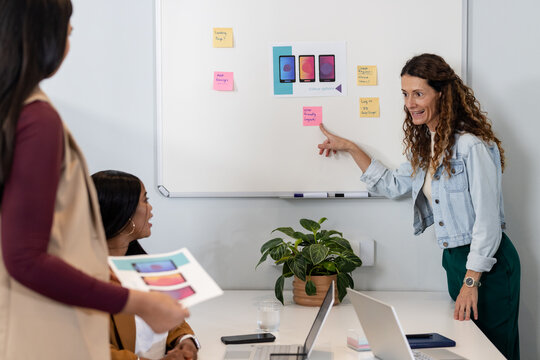 Diverse female coworkers collaborating around whiteboard with mockups at office with laptops