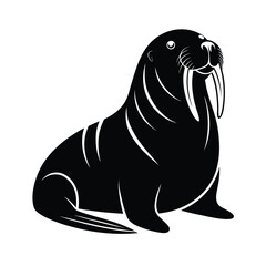 Black silhouette of a walrus resting with prominent tusks on a white background