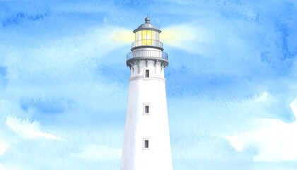 Watercolor lighthouse against a bright sky