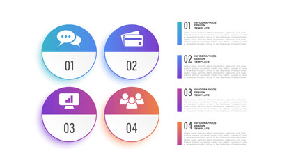 4 steps, options or processes infographic layout with business icons and space for data. Data visualization, annual report layout