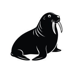 Majestic walrus resting with prominent tusks in a bold black silhouette on a clean white background
