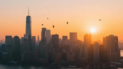 Fototapeta premium Sunset Over a Modern Cityscape with Birds in Flight