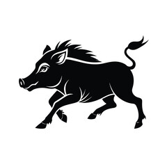 Dynamic black silhouette of a warthog in full gallop on a clean white background