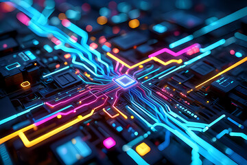 Fototapeta premium Futuristic glowing circuit board with central processor and digital data lines in vibrant neon technology design