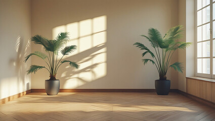 Symmetrical potted plants on herringbone floor with soft sunlight. Perfect for interior design blogs, home decor catalogs, and serene ambiance visuals.