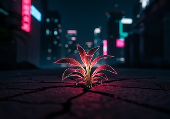Glowing plant sprouting through pavement in futuristic neon cityscape
