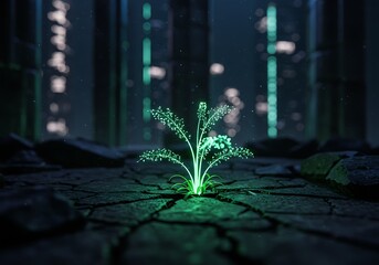 Glowing plant sprouting through pavement in futuristic neon cityscape