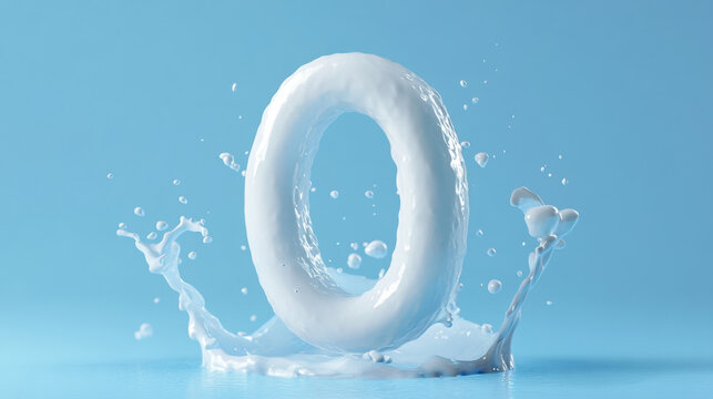 The number "0" is made of white milk, with a light blue background, with small splashes of milk liquid. 3d illustration.