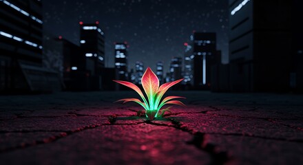 Glowing plant sprouting through pavement in futuristic neon cityscape