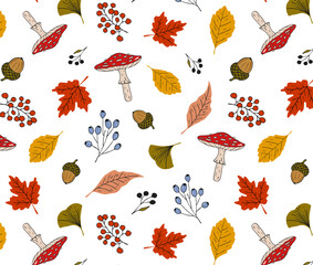 Seamless vector pattern with hand-drawn mushrooms, fall leaves, acorns, and berries. Bold black outlines, no shading. Warm autumn color palette. Perfect for fabric, wrapping paper, stationery.

